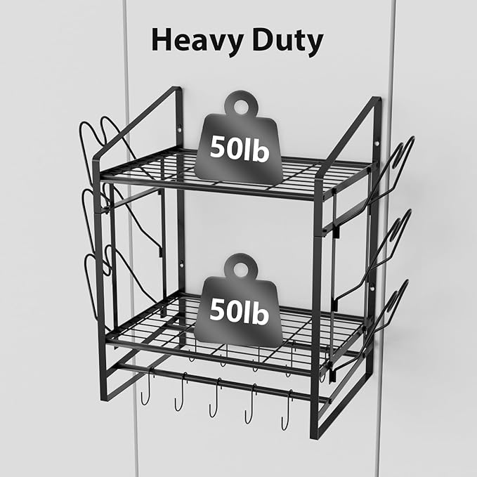24 Inch Pot Rack Wall Mounted, 2 Tier Pots and Pans Organizer with 10 Hooks and 6 Pot Lid Holders, Heavy Duty Steel Pot and Pan Hanger for Kitchen Cookware Utensils Storage 24" Lx13 Wx20.5 H