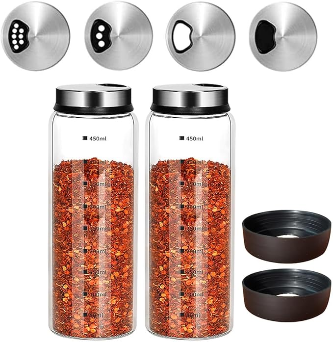 15 oz Glass Salt and Pepper Shaker Set with 304 Stainless Lid Adjustable Pour Holes Spice Jars Dispenser Seasoning Cans for Kitchen Decor and Home Restaurant Kitchen Accessories (2 Pcs, 450 ML)