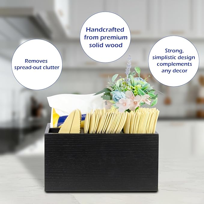Utensil Caddy for Party - Black Wooden Silverware Holder with 4 Compartments for Plate, Cup, Fork, Spoon, Napkin - Paper Plate Organizer for Countertop - Cutlery Holder for Kitchen Camping Buffet