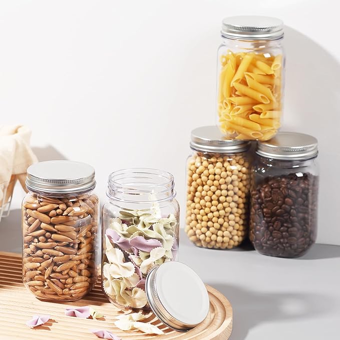 16 Ounce Clear Plastic Mason Jars With Screw On Lid, Reusable Empty Jars for Food Storage, Round BPA Free Containers for Sealing, Dry Food, Snacks, Candies, Breakage-proof, (Silver - 20 Pack)