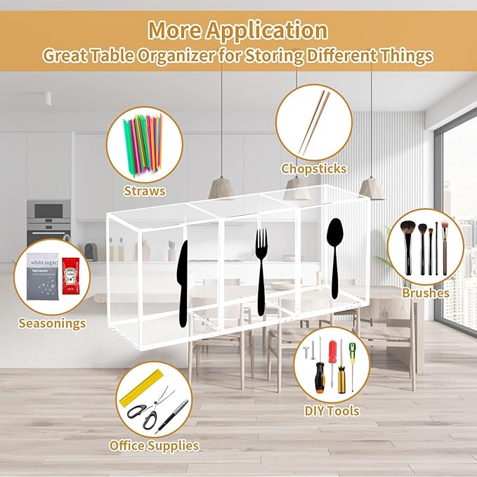 Plastic Utensil Holder, Knife Fork and Spoon Holder Silverware Caddy, Acrylic Kitchen Cutlery Storage Box, Flatware Organizer for Countertop, Indoor Outdoor Party Tableware Holder (Transparent)