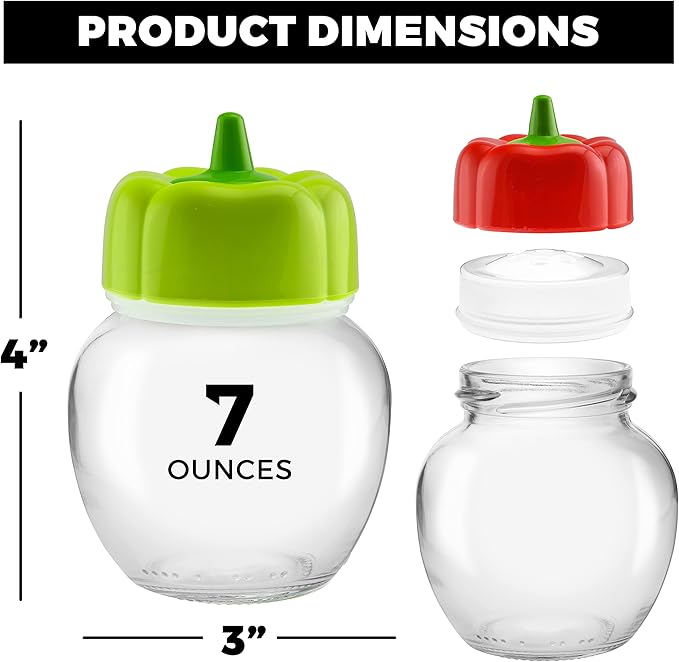 Seasoning Shaker Perforated Top Shaker For Parmesan Cheese, Pepper, Kosher Salt, Glass Jar With Cute Pepper Lid, Dishwasher Safe - 7oz - Set Of 2