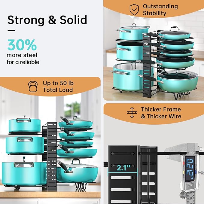 MUDEELA Pots and Pans Organizer Rack under Cabinet with 3 DIY Methods, Adjustable Pot Pan Rack with 8 Tiers for Kitchen Cabinet Organizers and Storage