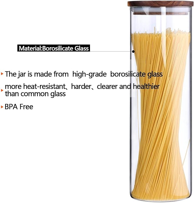 KKC HOME ACCENTS Tall Borosilicate Glass Spaghetti Storage Jar,Pasta Canister,Noodle Holder,Sealed Container with Wooden Lid,63 Fluid Ounces
