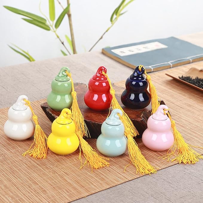 2Pcs Mini Ceramic Gourd Bottle Canisters Empty Portable Travel Loose Tea Pot Jar Contanier for Storage Spices Powder Cream Lotion Loose Tea, Deep Blue