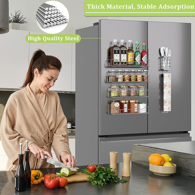 Magnetic Spice Rack for Refrigerator, 6 Pack Strong Magnet Spice Organizer with Paper Towel Holder, Utensil Holder, Moveable Magnetic Fridge Shelf for Kitchen Organization and Storage (Grey)