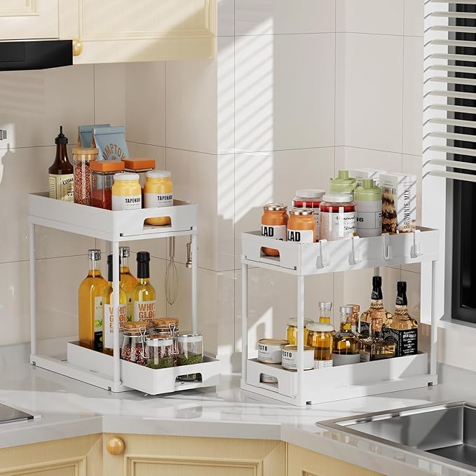 Delamu Under Sink Organizers and Storage, 2 Pack Pull Out Kitchen Bathroom Cabinet Organizer, 2 Tier White Under Sink Storage for Bathroom Kitchen, Under Counter Storage Organizer with 8 Hooks