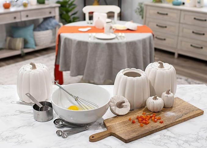Nat & Jules Pumpkin Shaped 6 x 6 Inch Ceramic Storage Canisters: Perfect for Halloween, Thanksgiving and Indoor Fall Table Décor & Centerpieces - Set of 3, White