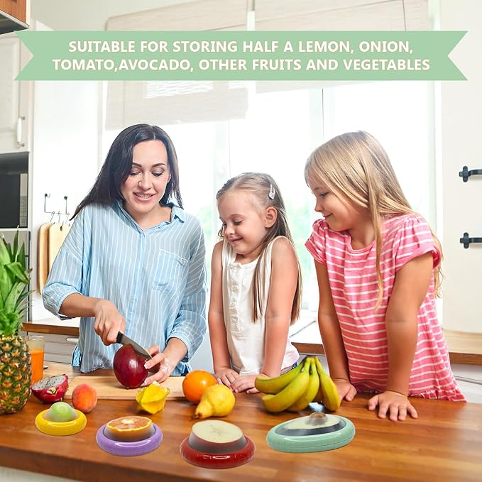 Avocado Saver and Onion Holder -Set of 4 Reusable Fruit and Veggie Savers for Fridge - BPA-Free, Prevent Flavor Mixing, Keep Fresh (Cyan, Purple, Red And Yellow)