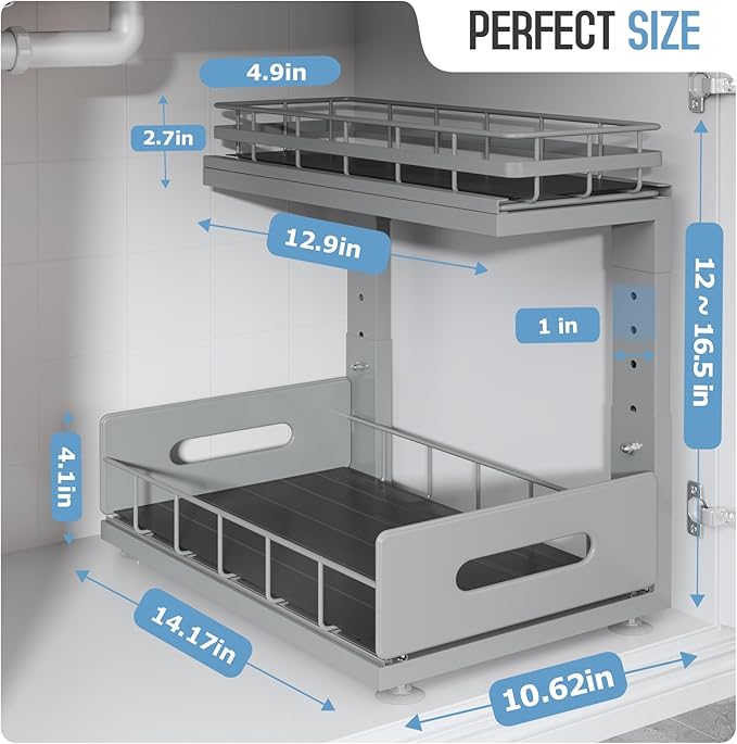 2 Pack Under Sink Organizer Upgrade to Professional Rails,2-Tier Dual Pull Out Cabinet Storage,Height Adjustable Slide Out Drawers for Bathroom Kitchen,Under Sink Shelf-Gray