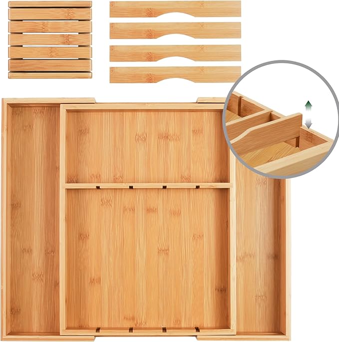 Wencrfat Silverware Drawer Organizer with Removable Knife Block and Dividers, Expandable Bamboo Kitchen Drawer Organizer, Flatware Utensil Cutlery Organizer for Drawer 8 Compartments