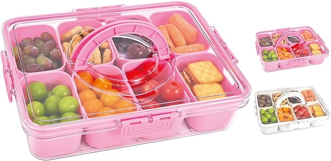 Snackle Box Container, 8 Compartment Divided Serving Tray with Lid and Handle, Snack Box Container for Candy, Fruit and Snacks, Great for Gatherings, Outings, Parties and Entertaining(Pink)