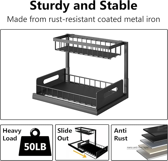 Under Sink Organizers and Storage 2 Tier Slide Out Kitchen Cabinet Organizer Sturdy Metal Bathroom Storage (Black, 2 Pack)