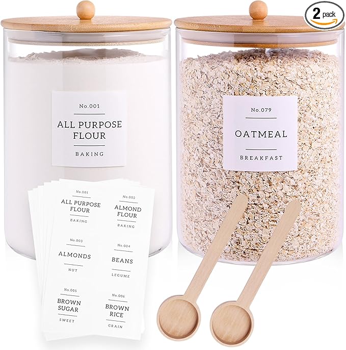 2 Pcs Large Jar with Lid for Kitchen Counter with 132 Pantry Labels and Spoon,Glass Canister Food Storage Container, Flour Container, Kitchen Storage Jars for Candy, Cookie (100oz X 2)