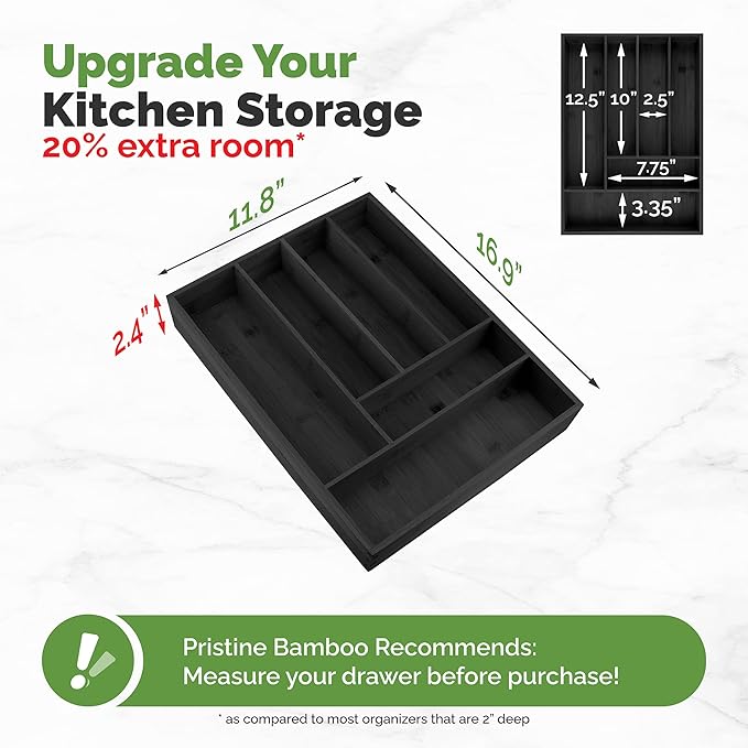 silverware tray organizer– Flatware Utensil Cutlery Silverware Holder for Drawer – Small Extra-Deep Wooden Kitchen Drawer Organizer Divider for Spoons Forks Knives (6-Slots, Black)