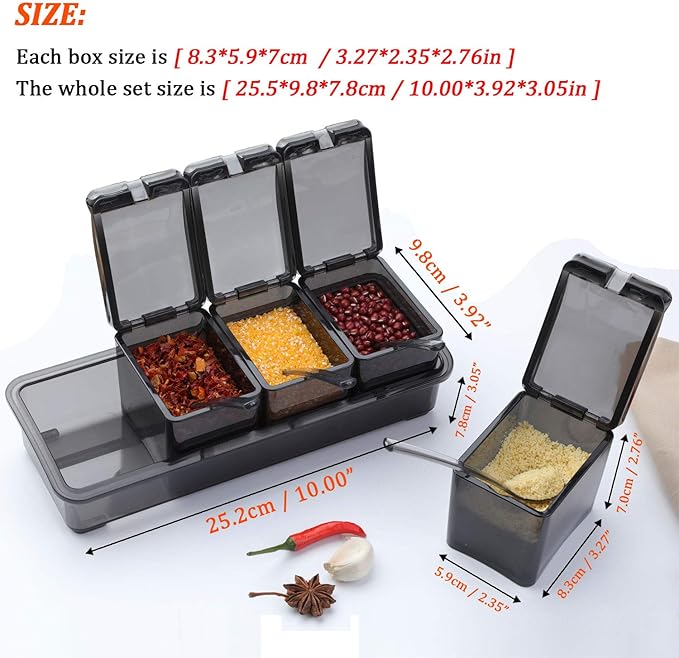 V·RESOURCING [ New Version Elegant Black Seasoning Box, 4 Pieces Seasoning Storage Container Cruet for Home Kitchen,Condiment Jars with Cover and Spoon for Pepper Spice Salt Sugar Storage