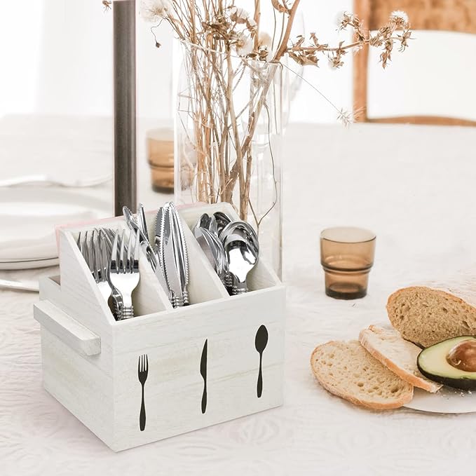 Ikee Design 2 Pcs Set Wooden Utensil Caddy with Handles, Silverware Caddy , Silverware Holder for Countertop ,Party ,Camping and Kitchen, Silverware Organizer, White Color