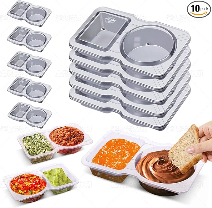 10 Sets Double Compartment Condiment Container With Lids, Reusable Snack Container for Sauces and Snacks, Disposable Snack Containers, Ideal for On-the-Go Meals and Parties (10Pack)