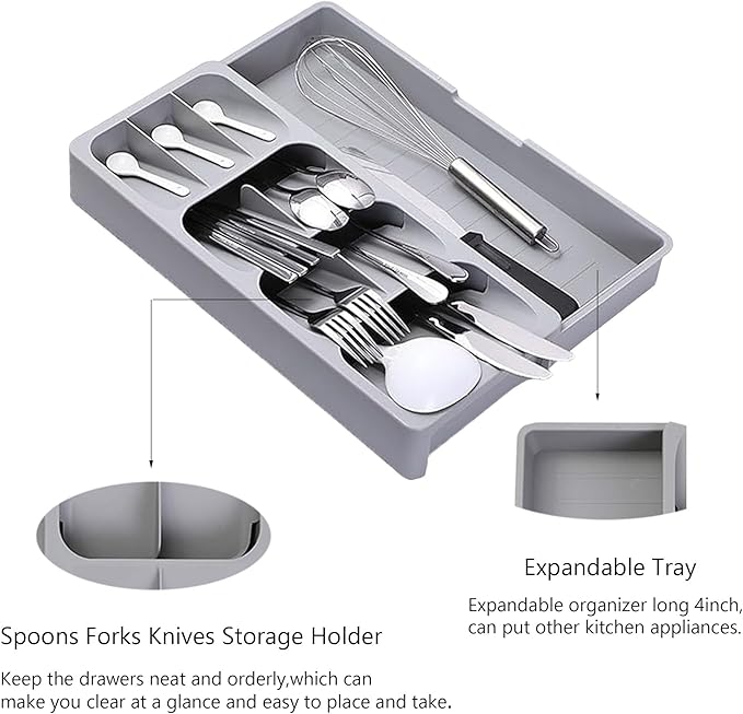 Silverware Drawer Organizer with Expandable Tray for Kitchen Drawer, Adjustable Compact Plastic Kitchen Utensil Storage for Spoons Forks Knives Easy to Access & Save Space