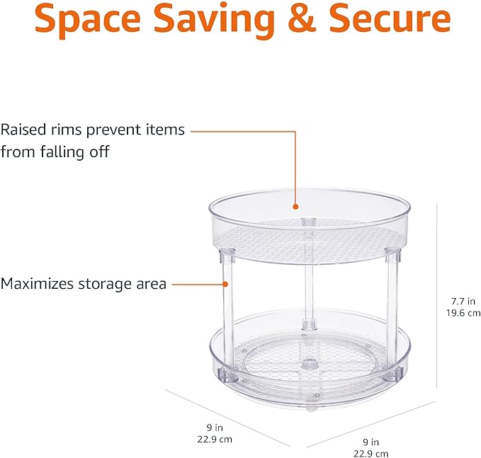 Amazon Basics Lazy Susan Turntable Organizer, 9" Diameter, 2 Tier, Clear