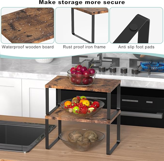 CADUKE Set of 4 Counter Shelves Kitchen Stackable Cabinet Shelf Wood Organizer Expandable Counter Top Racks Brown Bathroom Counter organizer