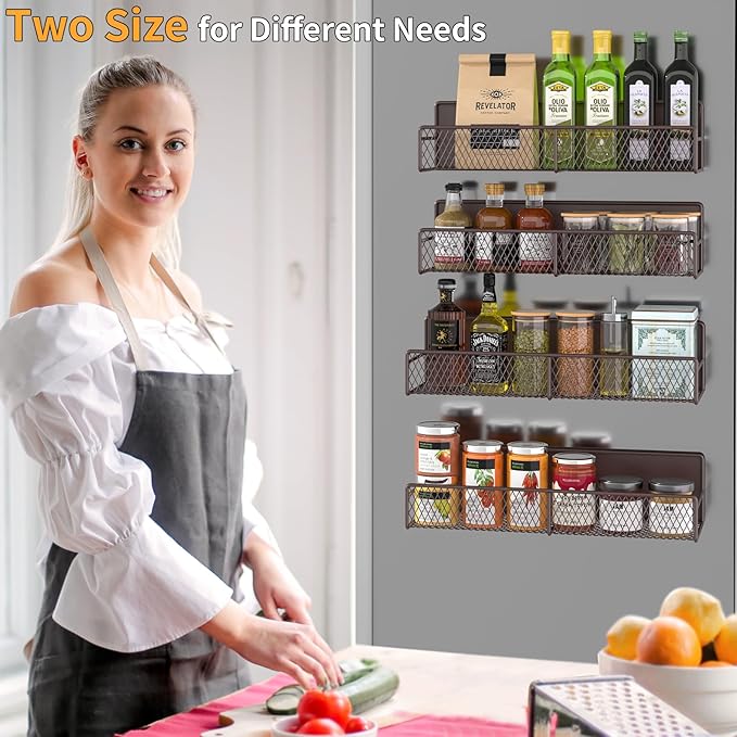 Magnetic Spice Rack for Refrigerator, 4 Pack Metal Magnetic Shelf Brown, Moveable Spice Organizer, Super Magnetic Fridge Shelf for Kitchen Organization and Storage