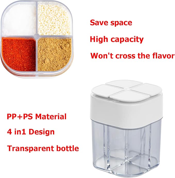 2 Pack 4 in 1 Spice Container Salt and Pepper Shaker Transparent Seasoning Shaker Can Filter Lumps Spice Jars for Home Restaurant Camping Travel Cooking BBQ (White)