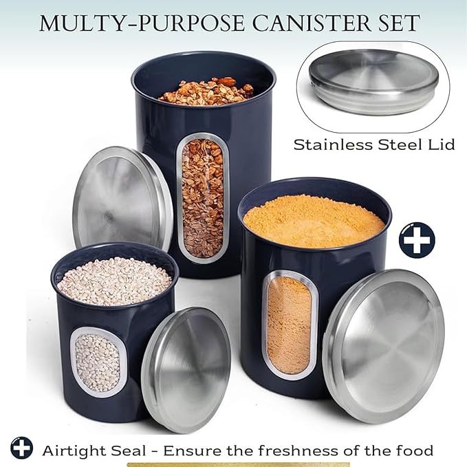 Mixpresso 3-Piece Blue Canisters Set - Airtight Coffee & Tea Organizer, Sugar Canister, Kitchen Jars with See-Through Window