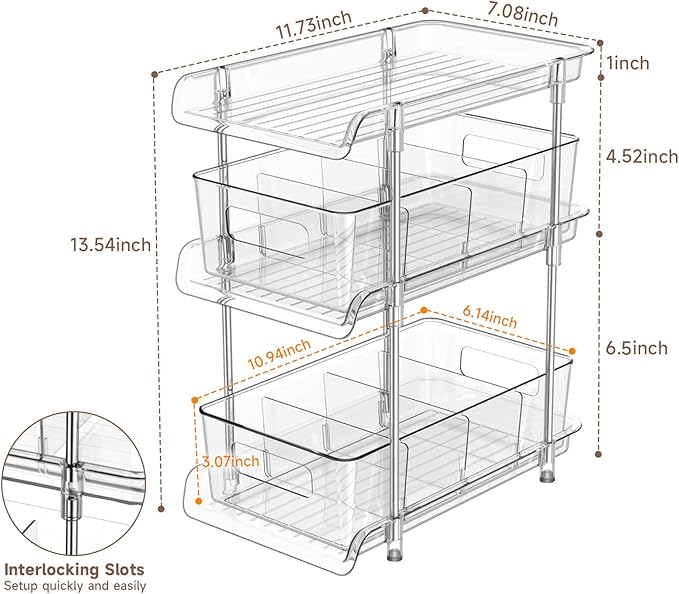 2Set 3 Tier Clear Bathroom Organizer with Dividers, Pull-Out Pantry Organization and Storage, Multi-Purpose Under Sink Organizers and Storage, Vanity Skincare Cosmetic Closet Organizer Medicine Bins