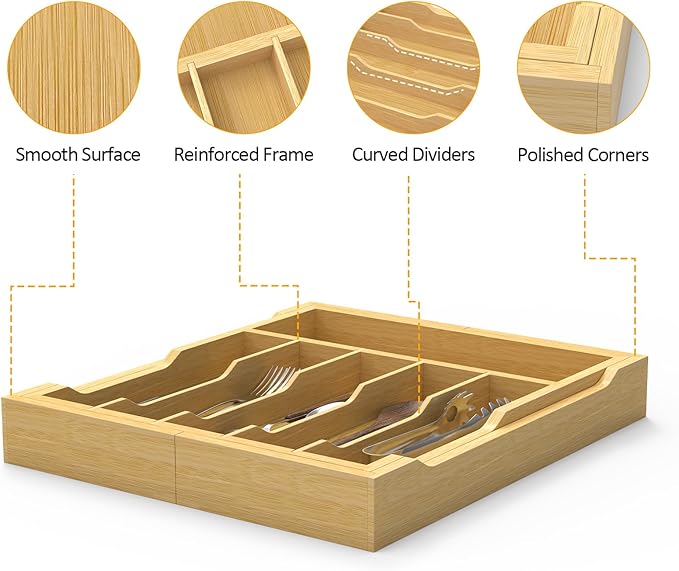 Bamboo Kitchen Drawer Organizer, 13" to 23" Expandable Utensils Organizer and Cutlery Tray Holder, Drawer Divider for Silverware, Flatware