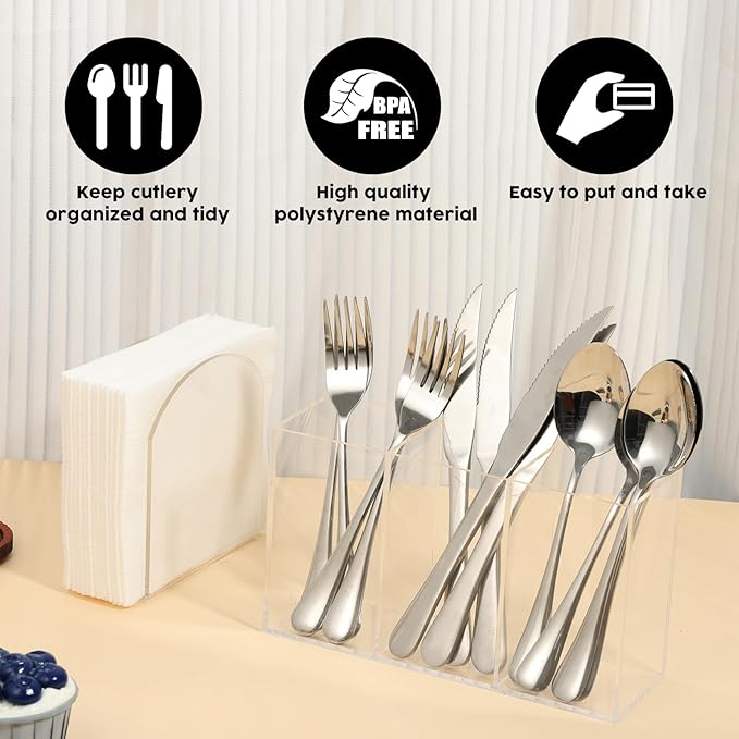 Rainmae Cutlery Storage Organizer and Napkin Holder Kit, Acrylic Cutlery Utensil Holder Tissue Paper Holder for Kitchen Countertop Organization Hold Fork Knife Spoon Silverware Tableware Storage Box
