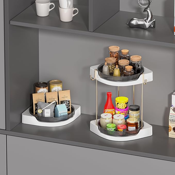2 Pack Lazy Susan Turntable - Corner Spice Organizer for Cabinet - 9 Inch Rotating Condiment Rack Storage for Refrigerator, Pantry, Kitchen, Vanity, Bathroom Countertop (2 Tier-Gray)
