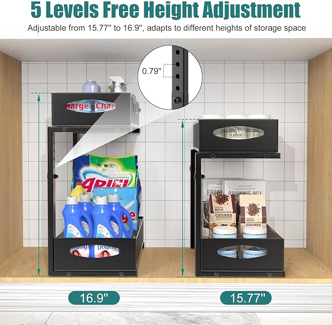 1 Pack Under Sink Organizer, 2 Tier Metal Pull Out Under Sink Storage with Sliding Mesh Drawers, Height Adjustable Slide Out Under Sink Organizer for Kitchen Bathroom Cabinet, Black