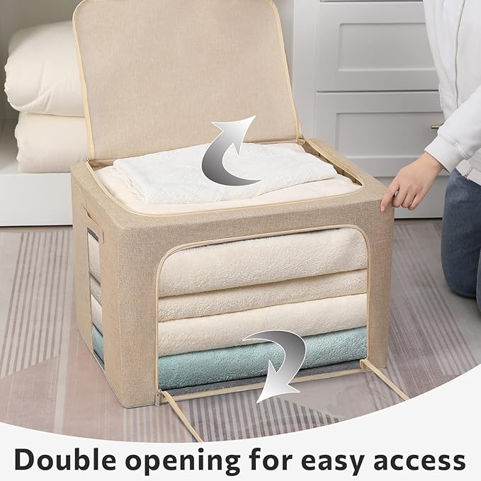 2 Pack Clear Window Storage Bins Foldable Fabric Storage Bins Boxes for Clothes Stackable Box Organizer Set with Carrying Handles (Beige, 22L,15.7x 11.8x 7.8 Inch)