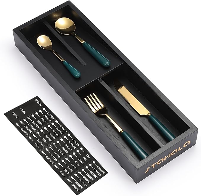 Bamboo Silverware Drawer Organizer with Labels,Kitchen Small Narrow Utensil Drawer Organizer,Kitchen Utensil Tray Holder Organizer for Flatware,Cutlery,Spoon,Knives Drawer Organization (Black, Small)