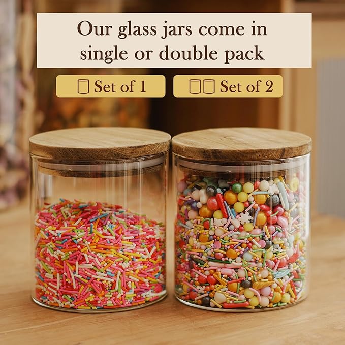Labina Glass Storage Container Airtight Food Jars Kitchen Canister with Wood Lids, 20 Oz Wide Mouth Pantry Organization Glass Jar for Flour, Sugar, Cookie, Spagetti, Candy and Nuts (2 Pack)