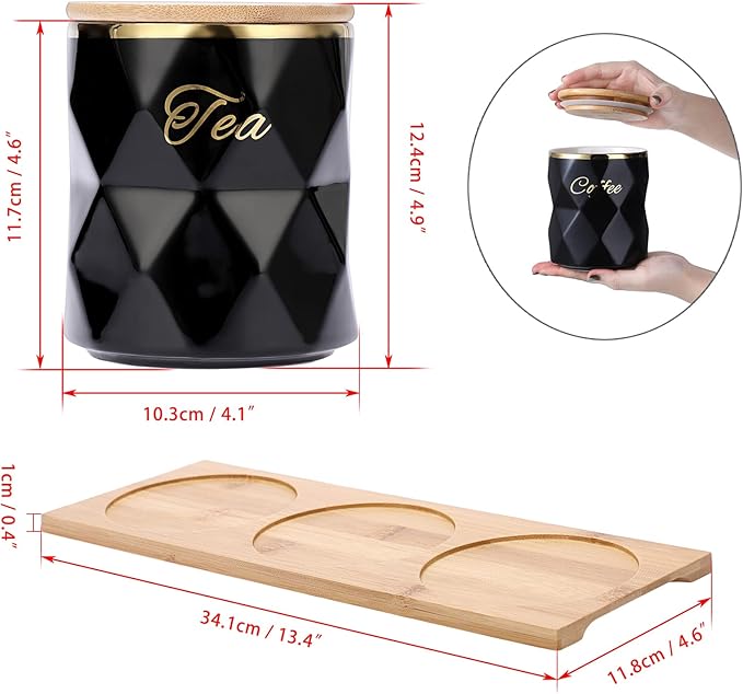 JUXYES Ceramic Canisters Set for Sugar Coffee Tea, Luxurious Storage Containers Set with Lids Decorative Storage Pots Black Storage Jar for Kitchen Counter Dining Room