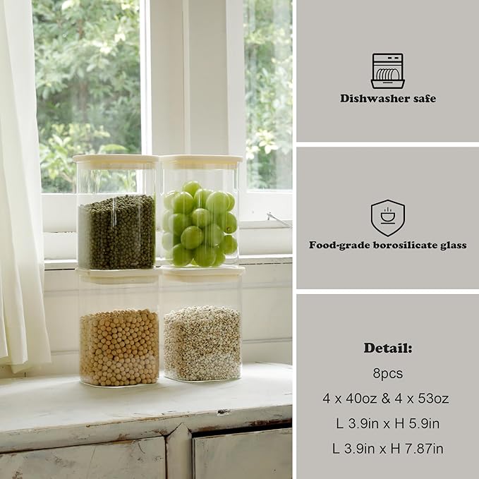 8pcs Square Pantry Glass Jars with Clear Airtight Lids Kitchen Canisters Sets for Flour, Sugar Refrigerator Safe, Available in 2 Sizes: 40oz / 54 oz
