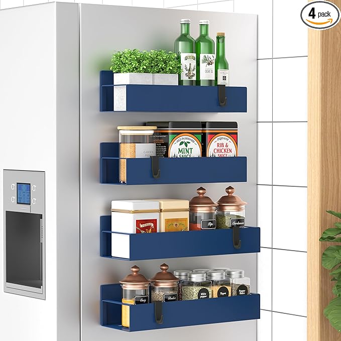 4 Pack Magnetic Spice Storage Rack Organizer for Refrigerator and Oven, Dark Blue Fridge Organizers and Storage
