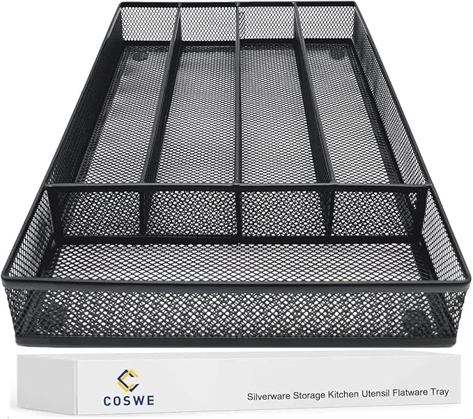 Silverware Tray for Drawer, Silverware Organizer, Metal Drawer Organizer Kitchen Utensils with Foam Feet Multi Compartments Cutlery Organizer in Drawer (BLACK)