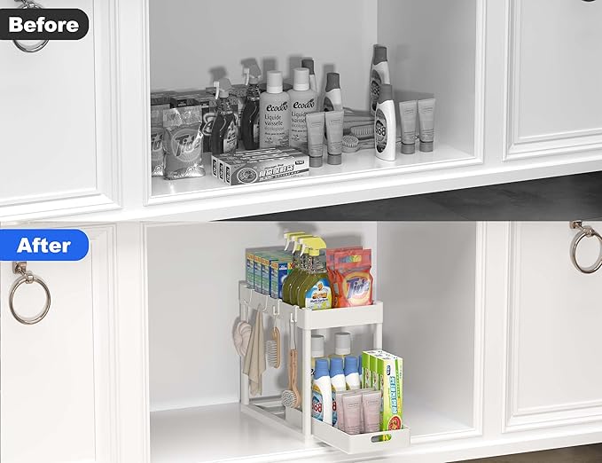 2PC Under Sink Organizer Rack 2 Tier Under Sliding Cabinet Basket Organizer Drawer with 4 Hooks, Multi-purpose Under Sink Storage for Bathroom Kitchen Desktop(White)