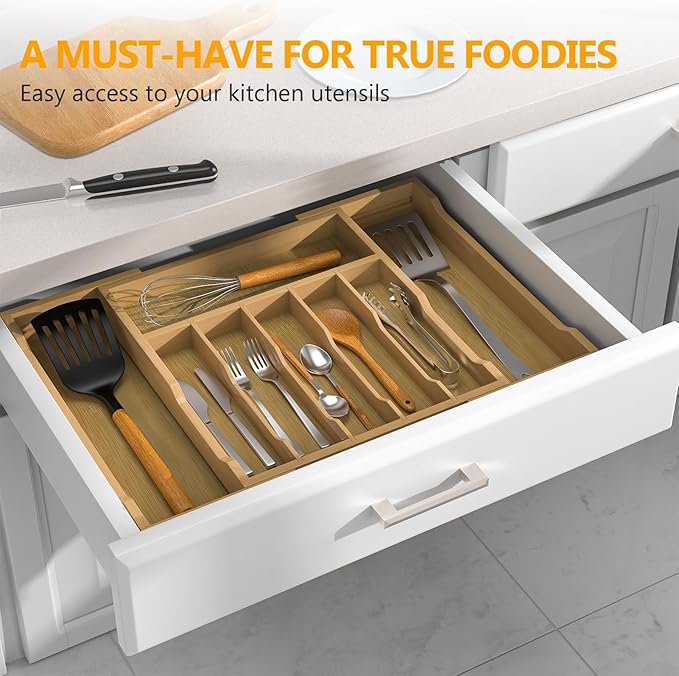 Bamboo Kitchen Drawer Organizer, 13" to 23" Expandable Utensils Organizer and Cutlery Tray Holder, Drawer Divider for Silverware, Flatware