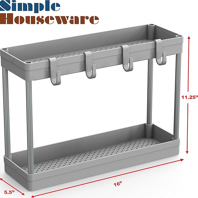 Simple Houseware 2-Tier Under Sink Organizer Storage Tray with Hooks, Grey