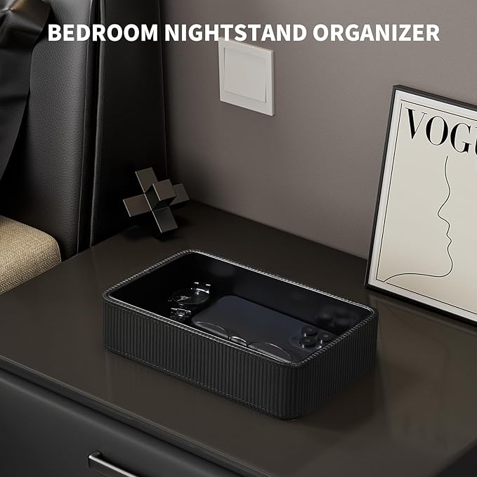 PU Leather Valet Tray Organizer, Small Nightstand Organizer Bedside Desktop Storage for Womens and Men, Perfume Trinket Catchall Vanity Tray for Key Watch Wallet (Black, Rectangular)