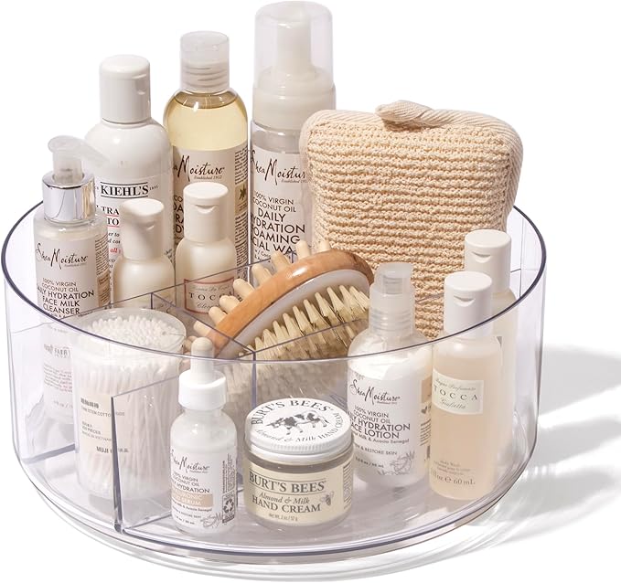 BINO Plastic Round Turntable Organizer with 5 Compartments - Clear | Spinning Divided Turntable Container | Rotating Organizer Storage for Bottle Condiments Fridge Kitchen Counter Pantry Bathroom
