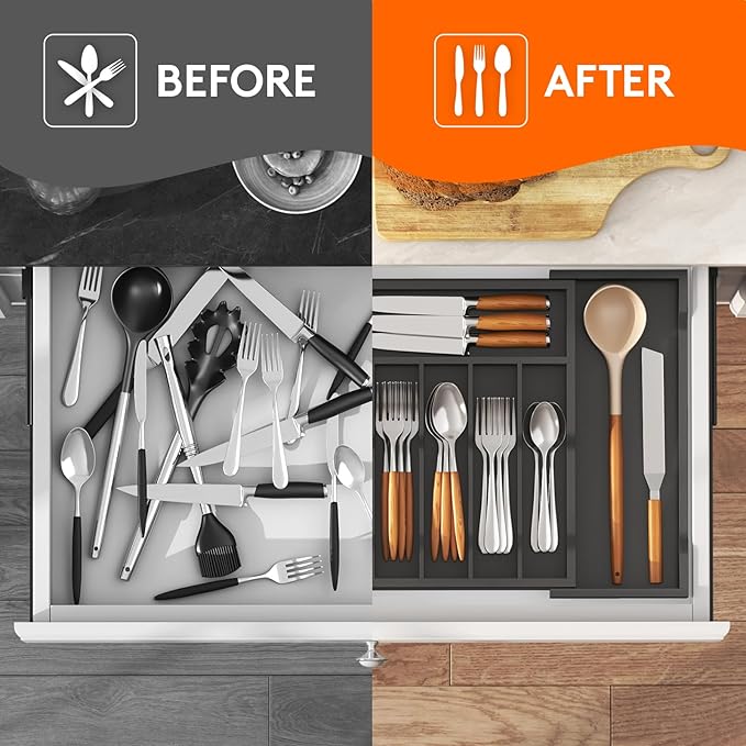 Lifewit Silverware Drawer Organizer, Expandable Utensil Tray for Kitchen, Bamboo Flatware and Cutlery Holder, Wood Adjustable Storage for Spoons Forks Knives, Large, Black
