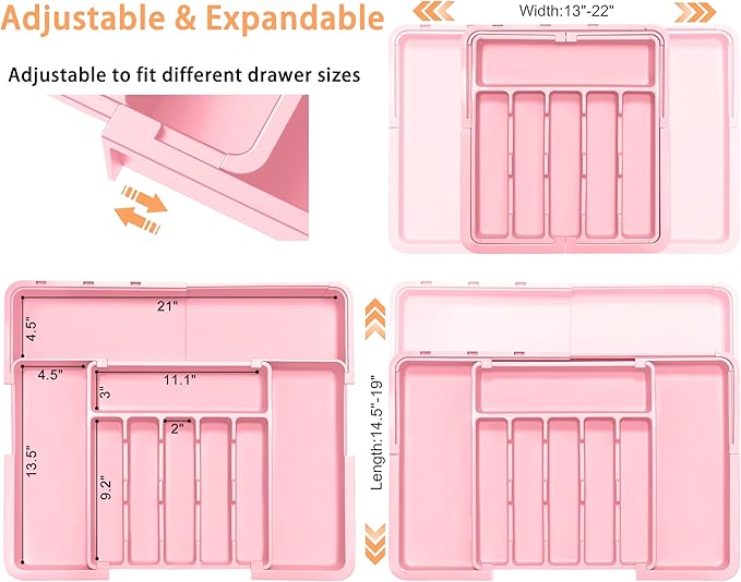 Silverware Organizer Expandable Kitchen Utensil Drawer Organizer Large BPA Free Adjustable Cutlery Silverware Tray for Spoons Forks Knives Storage Divider for Kitchen Flatware 6-9 Slots Pink