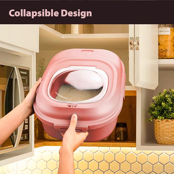 Large Rice Storage Container, 20lb to 50lb Collapsible Dry Food Storage Bins with Flip Lid and Rolling Wheel, Kitchen Organization Pantry to Store Cereal Flour, Dog Cat Food Storage Container