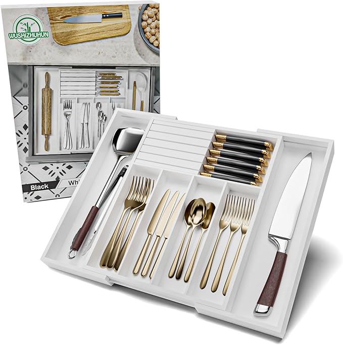 Silverware Drawer Organizer Bamboo Knife Organizer Drawer Insert Expandable Utensil Holder for Kitchen Drawer Flatware Holder W12.8-20.2" x L16 x H2 (White)