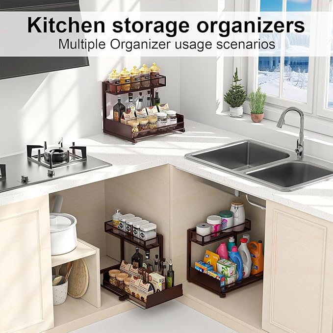 2 Pack Under Sink Organizer and Storage, 2 Tier Pull Out Cabinet Organizer, Slide Out Under Sink Storage Shelf, Undersink Organizers Shelves for Kitchen Bathroom Pantry Organization (Bronze)